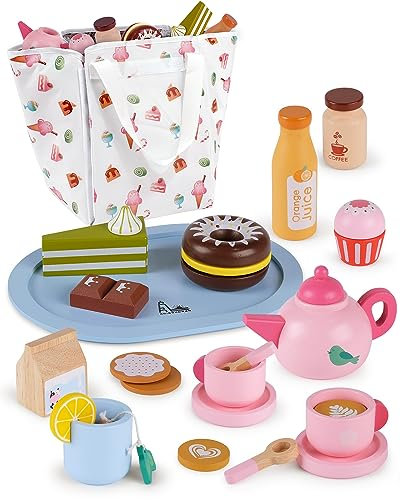 RRIBOUDWAN Jouets alimentaires en bois pour enfants avec crème glacée, boissons, tasse, théière et sac de rangement, service à thé pour filles, cadeau pour anniversaire, Noël, Halloween et Pâques