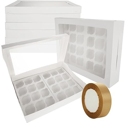 VIDETOL 10 Pcs Cupcake Boxes 24 Hole, Cupcake Boxes with Window, Inserts and Ribbons, White 24 Cupcakes Box for Cupcakes and Muffins, 43x31x9cm