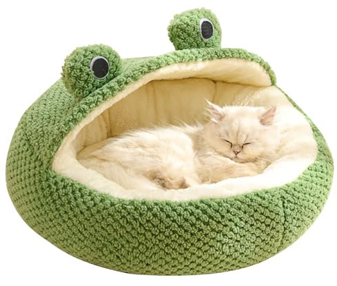 SMELEYOU Katzenbett Mit Kapuze Frosch KäTzchenbett Lang PlüSch Winter Herbst Thermisch Niedlich Cartoon rutschfest Haustierbett Abnehmbarer Einsatz Weiches Katzenbett Rund Mit Halbem Dach
