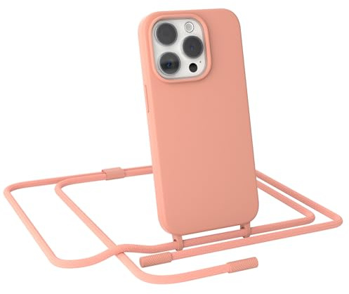 EAZY CASE - Handykette kompatibel mit iPhone 15 Pro - dünne Handyhülle Hülle mit Band als Fallschutz Kette zum Umhängen stoßeste Hülle Silikon mit Mikrofaser in Korall