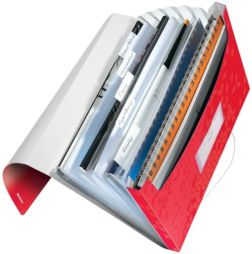 Leitz WOW A4 Projektmappe mit 6 Fächern, Ideal als Schnellhefter für Projekte, Mit Gummibandverschluss, beschriftbaren Taben und Beschriftungsschildchen, Rot, 45890026