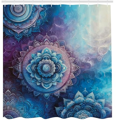 ABAKUHAUS Purple Shower Curtain, Mystic Mandala Victoria Water Lilies Floating in Dark Magic Pond Print Art, Cloth Fabric Bathroom Decor Set with Hooks, 78 Inches, Deep Sky Blue Violet