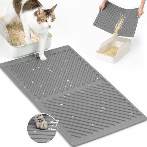 Conlun Silikon Katzenklo Matte, 60x38cm Gummi Katzenstreu Matte, Wasserdicht, Katzenmatte Katzenklo für den Boden, Leicht zu Reinigen, Rutschfeste Katzenklomatte zur Streukontrolle, Grau