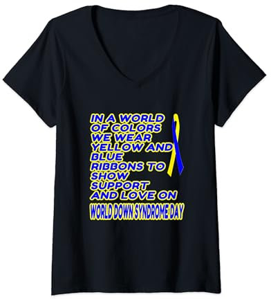 Damen Support & Love: Blaue und gelbe Bänder - Down-Syndrom T-Shirt mit V-Ausschnitt