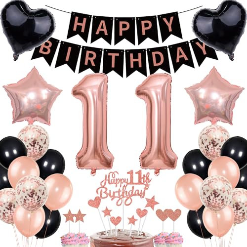 Décoration pour le 11ème anniversaire fille or rose noir – Décoration de gâteau pour garçon avec bannière, ballons du 11e siècle, ballons – Décoration d'anniversaire chiffre 11