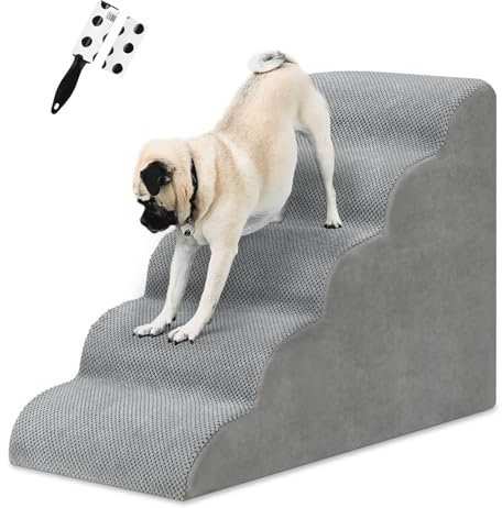 5 Stufen Hundetreppe für Bett und Sofa, LIANTRAL Haustiertreppe mit strapazierfähigem hochdichtem Schaumstoff und waschbarer Bezug und Tierhaarentferner-Rolle, reduziert Stress auf Tiergelenke, Grau