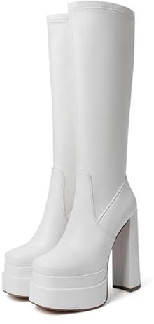 VERISSON Damen Stretch Boots Knee High Stiefel Plateau Blockabsatz Glattoptik Weiß 37 EU
