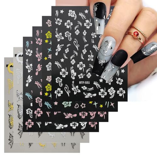 YPYMOD 6 Hojas Primavera Flor Mariposa Pegatinas Para Uñas Decoración Uñas Arte Nail Stickers Art Manicura Regalo Mujer Día San Valentín(Negro, Blanco, Dorado, Rosa)