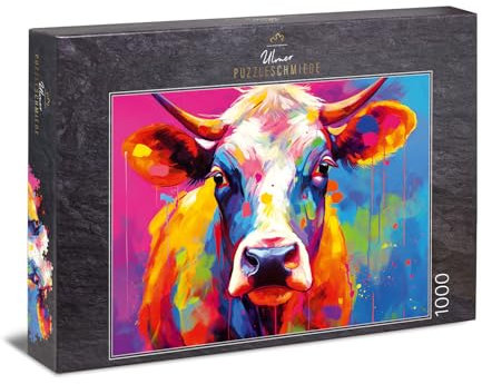 Ulmer Puzzleschmiede - 1000 Teile Kühe-Puzzle Buntes MUH - Farbenfrohes Kuh-Portrait vor abstraktem Hintergrund - Tiere-Puzzle mit Qualität Made in Germany