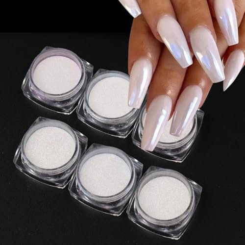 GZSYY White Pearl Chrome Nail Powder Aurora Ice Shimmer Chrome Pigment Pulver 6PCS Nagel Metallic Mirror Glitzer Nagelpuder Nail glitzer Spiegel