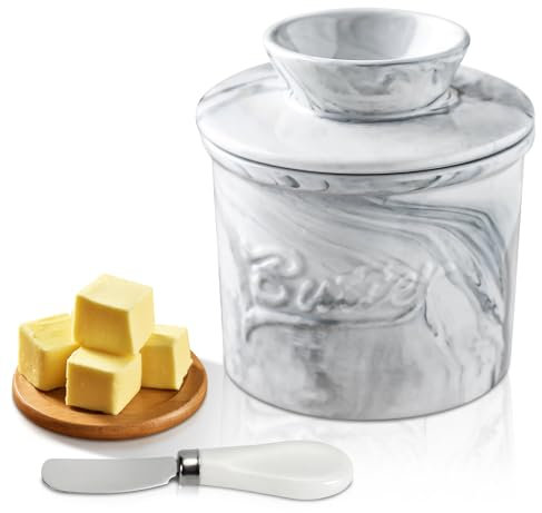 Mantequera de cerámica: mantequera francesa con tapa, línea de agua y cuchillo de mantequilla, campana de mantequilla de porcelana para mantequilla untable para mantequilla de 5,5 oz (blanco, 1)