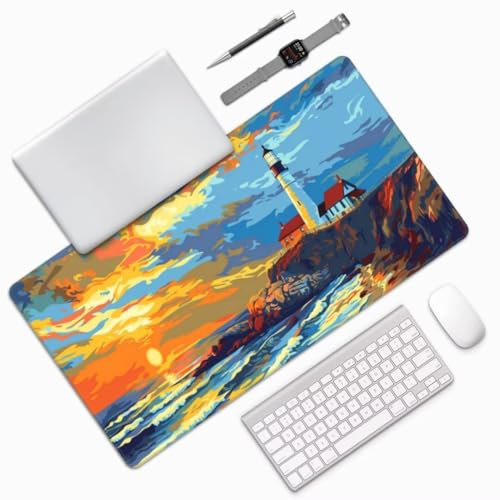 Tapis de Souris XXL 800x300x3 mm Tapis de Souris Phare sous Main Bureau, Tapis de Souris Mer Mouse Pad, Tapis Souris Gamer XXL Mousepad Imperméable, Base Antidérapant, pour Maison/Deco Bureau M161