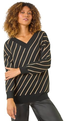 Roman Originals Grid Pattern V-Neck Knit Jumper for Women UK - Ladies Everyday Autumn Winter Round Neckline Comfy Soft Evening Vacation Work Party Night Out