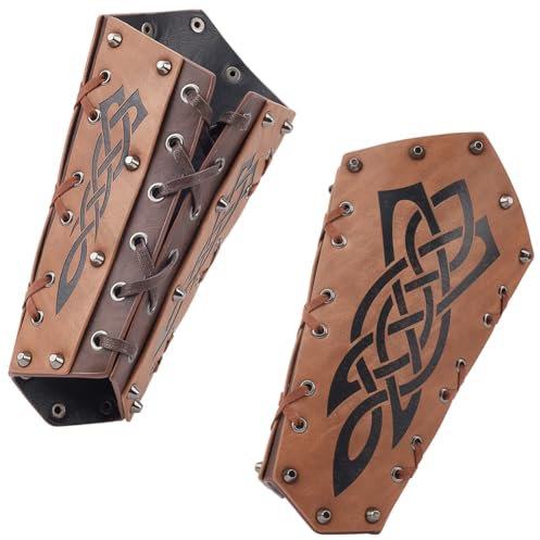 NBEADS Wikinger Leder Armschutz, Mittelalterliche geprägte Wikinger Armschienen Leder Armstulpen Retro Renaissance Armschienen Leder Armstulpen Armband für Halloween Kostüm Zubehör, Braune