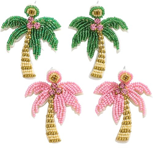 2 Pairs Beaded Palm Tree Earrings Set for Women, Handmade Beads Green Pink Coconut Tree Dangle Earrings for Beach Summer Holiday Jewelry Gift, Large, Beads, No Gemstone