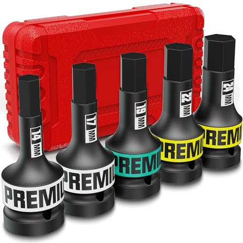 Aurlloct 3/4 Drive Impact Hex Bit Socket Set, 5 Piece Impact Allen Sockets, 14mm - 24mm Allen Key Sockets for Auto Repair Industrial Assembly Equipment Maintenance and DIY Enthusiasts Alike