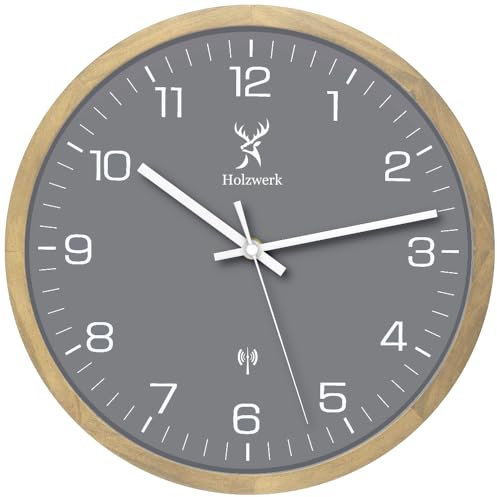 Holzwerk HARBURG Funk Natur Holz Funkwanduhr Wanduhr Holz-Uhr Vintage Funkuhr lautloses Uhrwerk ohne Tickgeräusche Buche Braun Grau Weiß lautlos aus handgefertigtem Massivholz 30 cm