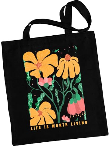 True Statements Baumwolltasche mit Boho-Design - Stofftasche mit Spruch, Einkaufstasche mit Blumen-Motiv - Schwarz, 38x42 cm, 100% Baumwolle, mit langem/kurzem Henkel
