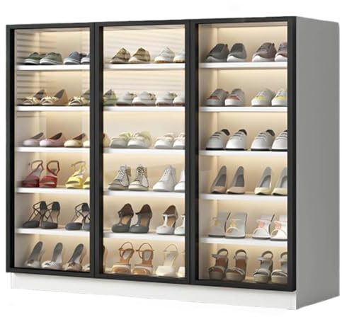 DQSPDBD Zapatero con puertas de cristal, armario organizador de zapatos de 6 niveles con luces LED y estantes ajustables, organizador de almacenamiento grande para entrada, moderno zapatero para