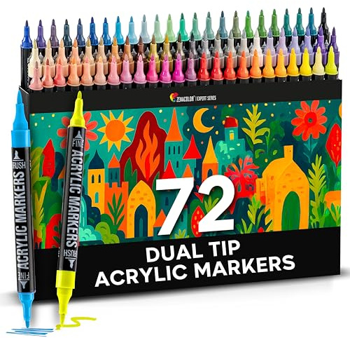 Zenacolor - 72 Farben Acrylstifte für Steine Wasserfest - mit Doppelspitze - Feine und Pinsel - Für Verschiedene Oberflächen Geeignet - Multimarker Acryl