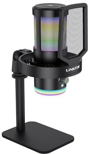 LiNKFOR USB Gaming Microphone with RGB Lighting, Noise Cancellation, Mute Button & Volume Control, Condenser Mic for Streaming & Podcast on PC/PS4/PS5 Desktop Mic with Reverb & Real-Time Listening