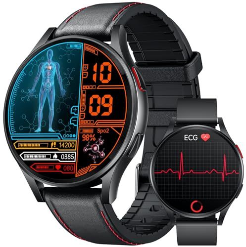 Montre Connectée Homme Smartwatch Sport - ECG HRV Acide Urique MET BMI 1.43AMOLED HD Écran Repondre Appel Moniteur de Sommeil Fréquence Cardiaque Podomètre Fitness Tracker pour Android iOS Ronde Cuir
