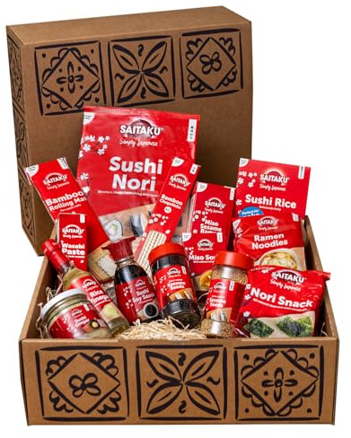 Sushi Geschenkbox – 14-teiliges Japan Food Set | Mit Reis, Nori Blättern, Sojasauce, Wasabi, Ingwer & Bambus Zubehör – Perfekte Asia Geschenkidee