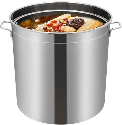 Olla de acero inoxidable para caldo de 50 l, cacerola industrial con cesta y tapa, acero inoxidable 201, para restaurantes y celebraciones familiares, bordes enrollados y asas retráctiles, 50 L/52,8