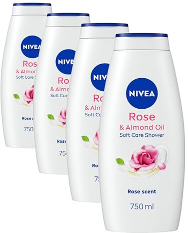 NIVEA Rose & Almond Oil Shower Cream (750ml), Moisturising Shower Gel with Almond Oil, Luxurious Body Wash for Women, Body Wash with Vitamin C, E (Pack of 4)
