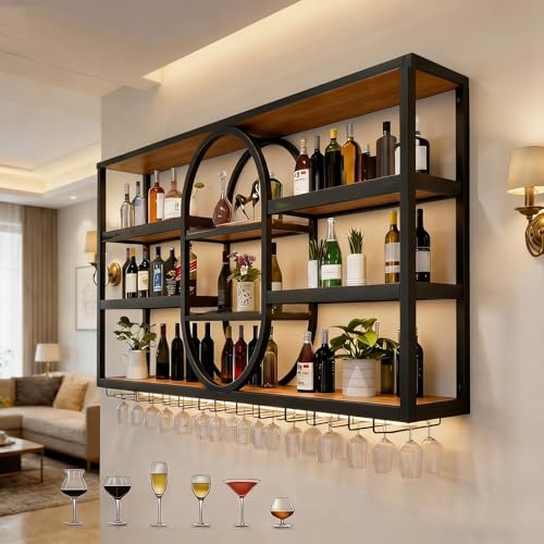 Pazcalie Portabottiglie da parete in metallo in stile industriale, portabottiglie a tre livelli, espositore ovale multifunzionale da parete per vino, portabottiglie sospeso (Nero, 120 * 20 * 120cm)