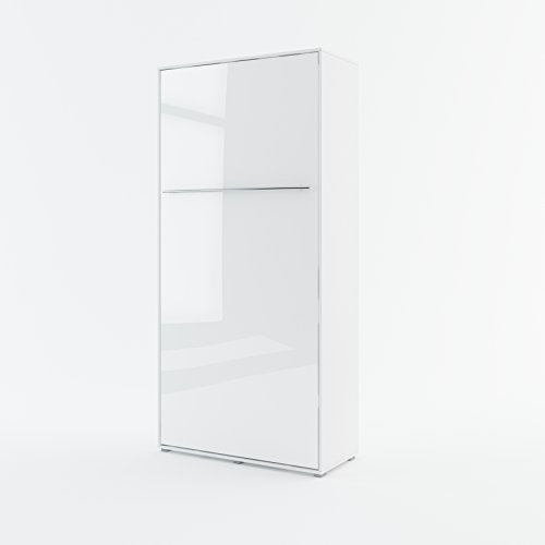 Schrankbett Concept PRO Vertikal, Wandklappbett, Bettschrank, Wandbett, Schrank mit integriertem Klappbett, Funktionsbett (90 x 200 cm, Weiß/Weiß Hochglanz, Vertikal)