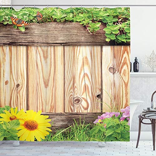 Ambesonne Wooden Shower Curtain Set, Planks Fence Garden Yard Summer Spring Daisy Flowers Butterfly Grass Rustic Print, Fabric Bathroom Decor with Hooks, 84 Inches Extra Long, Brown Green Yellow