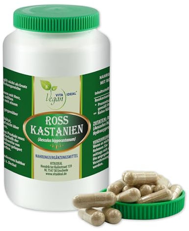 VITA IDEAL Vegan® ROSSKASTANIEN - Früchte 360 KAPSELN - Aesculus hippocastanum - Tagesportion 1100 mg ROSSKASTANIENFRÜCHTE reines Pulver. Natürlich, pflanzlich & ohne Zusatzstoffe.