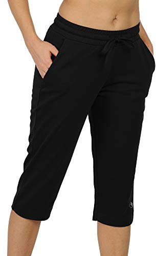 icyzone Damen Jogginghose 3/4 Sporthose Trainingshose Straight Bein Freizeit Hose mit Tasche (L, Schwarz)