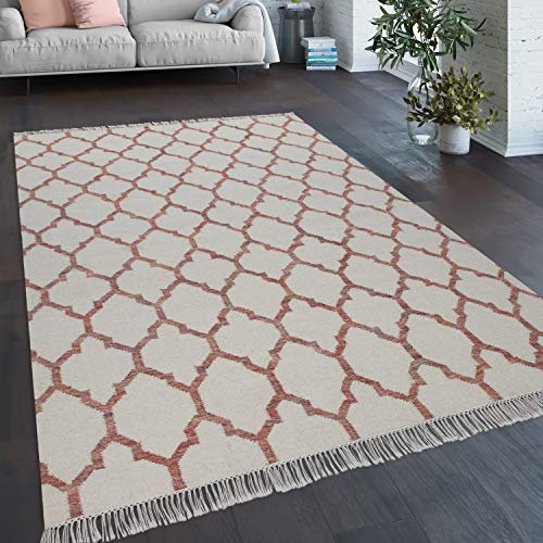 Paco Home Teppich Wohnzimmer Marokkanisches Muster Fransen Handgewebt Wolle Beige Rot, Grösse:60x110 cm