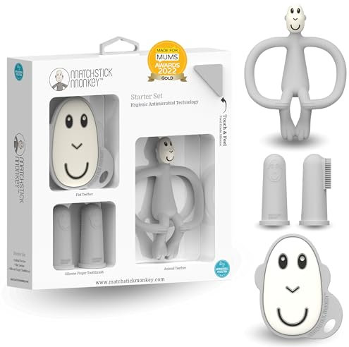 Matchstick Monkey Beißring Starter Set 3 teilig - Baby Zahnungshilfen - für wundes Zahnfleisch - Silikon - BPA-Frei - Beißring Tiermotiv, Beißring Gesicht, Fingerzahnbürsten - Affe hellgrau