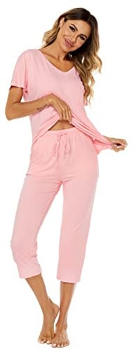 Ietaoo Survêtements Coton Femme Ensemble de Pyjama 2 Pièce Sportswear Jogging Été Col en V Haut et 3/4 Pantalon Sweat Suit Tenue Sport Ensemble Vêtements de Nuit