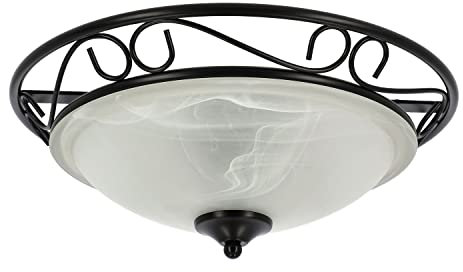 LED Universum - antike Deckenleuchte Rustika 37cm rund aus Metall und Alabasterglas schwarz 2 x E27 Fassung max. 60W