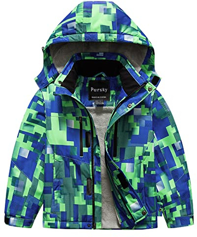 Pursky Kids Ski Jackets Winter Boy's Waterproof Skiing Jacket Insulated Snowboard Warm Coat Windproof Windbreaker Green Printed 14/16