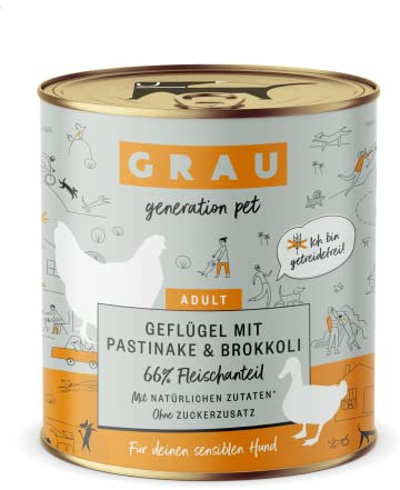 GRAU – das Original – Nassfutter für Hunde - Geflügel mit Pastinake/Brokkoli, 6er Pack (6 x 400 g), getreidefrei, für sensible erwachsene Hunde