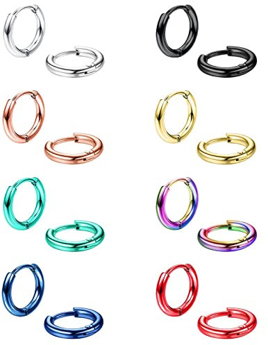 Diamday 8 Pairs 316L Surgical Stainless Steel Small Hoop Earrings for Women Men Huggie Hoop Earrings Hinged Sleeper Helix Cartilage Piercings 14mm