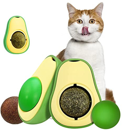 2 Stück Katzenminze Balls Spielzeug für Katze, Drehbare Katzenminze Bälle mit Deckel, Interaktives Katzenspielzeug Effektiv zum Reinigen der Zähne, Selbstklebende Katzenminze Spielzeug Katzensnacks
