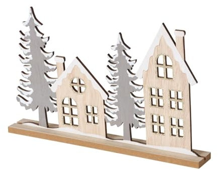 RiloStore 30cm Deko Haus Holzhaus grau braun Weiss Tannenbäume b907 Shabby Chic Dekohaus Häuser Winterdeko Raumdeko Holzhäuser Aufsteller Landschaft Dekohäuser