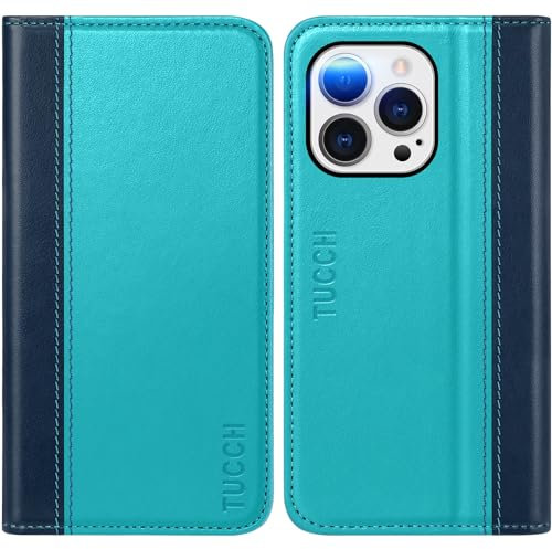 TUCCH Hülle für iPhone 14 Pro Handyhülle 5G 2022 Handytasche [RFID Blocker] TPU Schutzhülle Stoßfeste mit [Ständer] [Kartenfächer] n Etui kompatibel mit iPhone 14 Pro (6,1 Zoll) Dunkelblau-Seeblau
