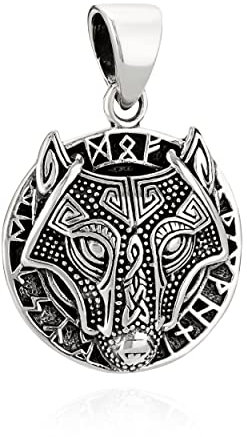 NKlaus Kettenanhänger Fenris Wolf 925 Silber 20mm rund Silberanhänger Keltisch Amulett 11125