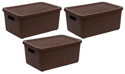 JMS we create smile (Set of 3 14L Litre Utility Plastic Storage Box With Lid & Handles Stackable Basket Container Lidded Bins Organiser for Cosmetics Shelves (Brown)