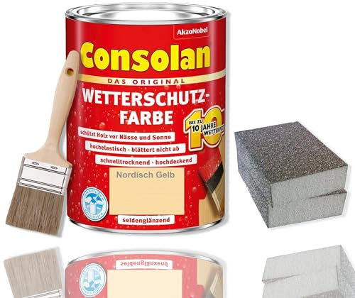 Consolan Wetterschutzfarbe 2,5 l Holzschutz Schleifen Pinsel Set (Nordisch-Gelb)