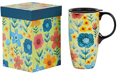 Topadorn Ceramic Travel Mug with Lid Coffee Mug with Gift Box Latte Mug Coffee Cup, 17oz Large Capacity Mug Home Office Gift, Spring Garden