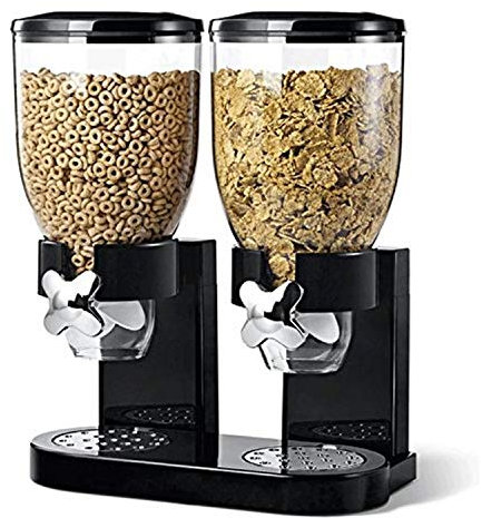 Double Cereal Dispenser Classic Dry Food Double Canister, Dry Food Dispenser Control Storage Container, Great for Cornflakes, Candy, Nuts, Beans, Granola - Kitchen Storage Dispenser, Black