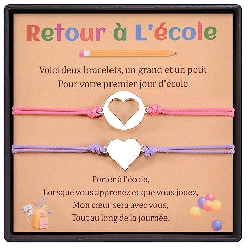 YELUWA 2 Pces Retour à L'école, Bracelets en Forme de Coeur pour Fille et Maman, Cadeaux de Premier Jour d'Ecole pour Filles et Garçons, Bijoux Maman et Moi avec Carte de Souhaits (Rouge Rose &Violet)